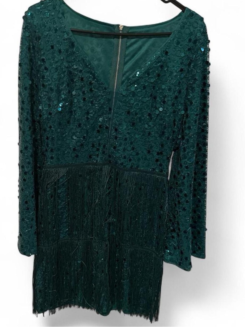 Women's Sequin Fringe V-Neck Dress — Emerald Green Size Small